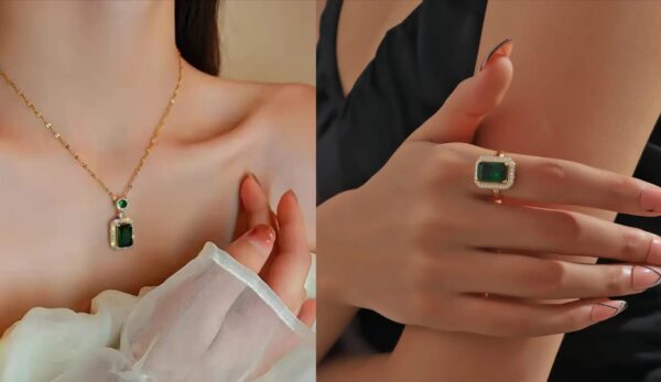 Emerald necklace earrings finger ring